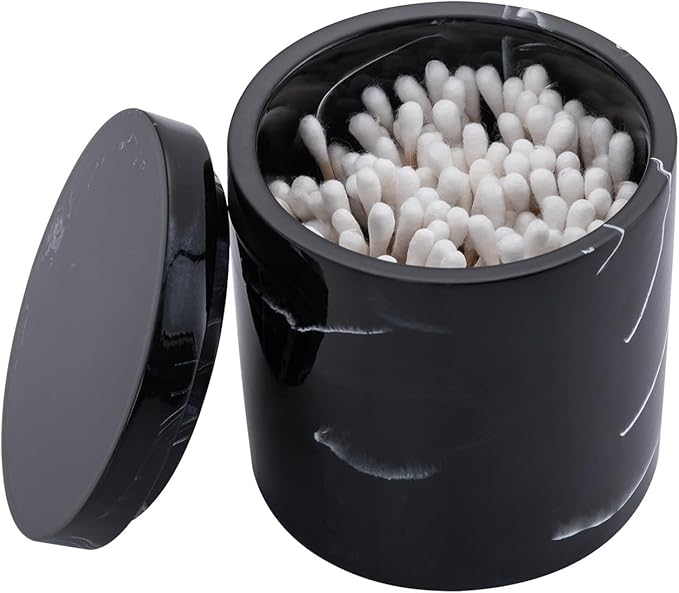 Cotton Swab Holder with Lid, Round Qtip Holder Bathroom Black Marble, Resin Cotton Ball Canister Jar Cosmetics Makeup Countertop Organizer Containers Canister Apothecary Jar, Marblized