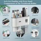 Toothbrush Holders Wall Mounted, Toothbrush Holder with Automatic Toothpaste Dispensers, 6 Brush Slots, 2 Magnetic Cups,1 Cosmetic Drawer Organizer and 1 Large Storage Tray