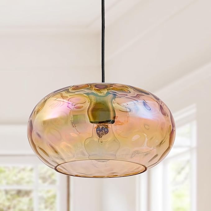 Amber Glass Pendant Lighting, 11" Hammered Lampshade Hanging Lamp, 1-Light Brass Gold Chandelier for Dining Living Room Kitchen Island