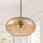 Amber Glass Pendant Lighting, 11" Hammered Lampshade Hanging Lamp, 1-Light Brass Gold Chandelier for Dining Living Room Kitchen Island
