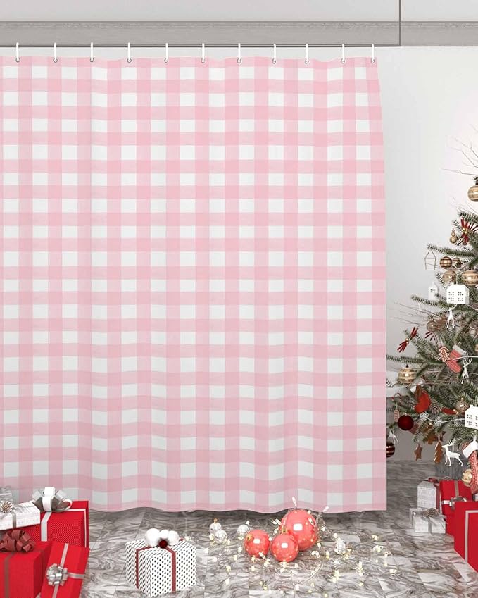 Christmas Shower Curtain, Rustic Pink White Buffalo Check Plaid Pattern Shower Curtains Set with Hooks, Farmhouse Waterproof Fabric Bathroom Curtains Decor Home Accessories,72X 96 Inch Extra Long