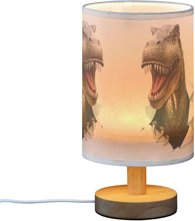 Table Lamp Dinosaur T-rex in Paper Hole Nightstand Lamp with Wood Base Fabric Lamp Shade Bedside Desk Lamp for Living Room Bedroom Kids Room Office