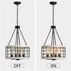 Farmhouse Drum Chandelier,Rustic White Oak Wood Color&Black Metal Finish 4-Light Chandeliers for Dining Room Kitchen Entryway UL Listed