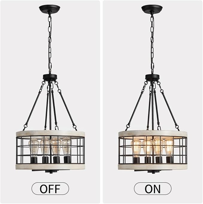 Farmhouse Drum Chandelier,Rustic White Oak Wood Color&Black Metal Finish 4-Light Chandeliers for Dining Room Kitchen Entryway UL Listed