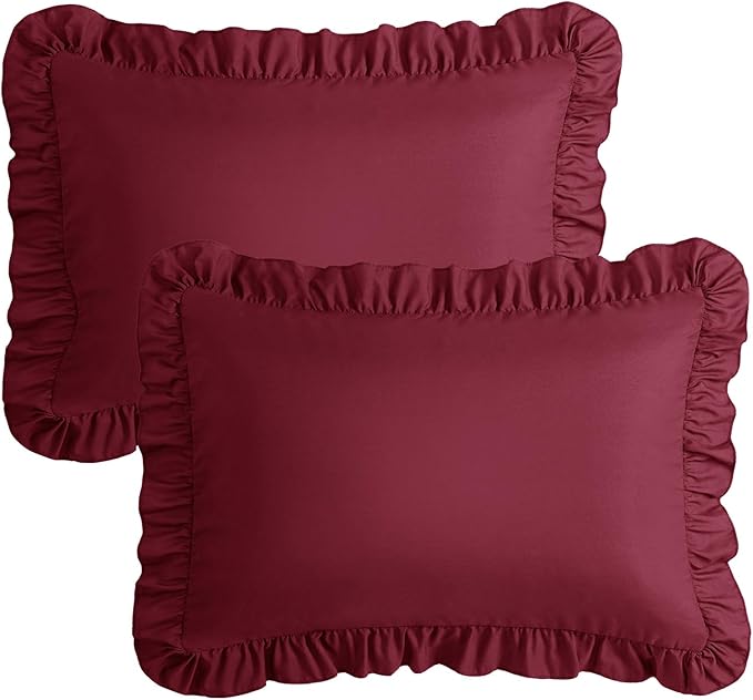 KKJIAF Ruffle Pillow Cases Queen Size Set of 2, Ruffled Pillow Covers with Envelope Closure, Wrinkle Resistant Ruffled Pillow Shams 20" x 30", Burgundy