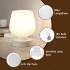 Touch Table Lamp for Nightstand - Small Bedside Lamp for Bedroom Living Room Night Stands, Desk Lamp with White Glass Shade for Small Spaces, 3 Way Dimmable, LED Bulbs, Gifts