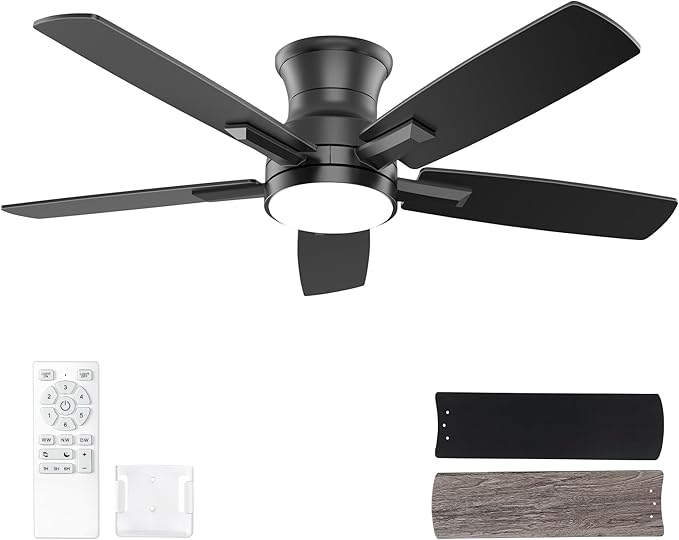 YUHAO 42 Inch Flush Mount Black Ceiling Fan with Light and Remote Control.Noiseless,Dimmable,3CCT,6 Speeds Reversible, Low Profile DC Ceiling Fans for Indoor Use