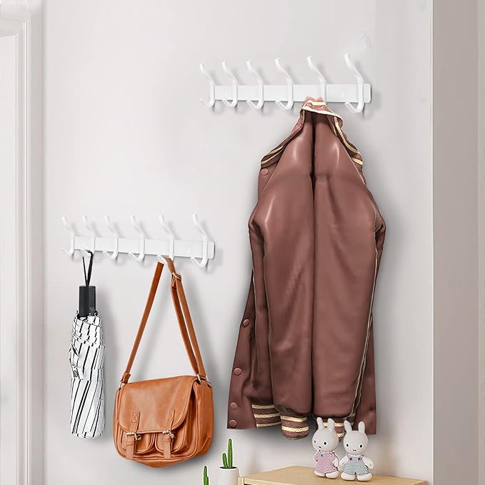 White Wall Hooks Heavy Duty, 17 Inch Coat Hooks Wall Mount with 6 Hooks, Wall Hooks Hangers for Entryway, Bathroom - for Hanging Backpack, Bag, Coat, Purse, Hat, Towel, Clothes