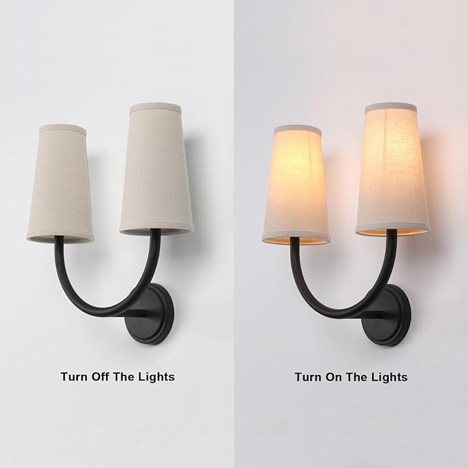 Yosoan Linen Wall Sconce Indoor Night Light Fixture, 2-Light Dual Indoor Vanity Vintage Industrial Hardwired Sconces Wall Lighting with Textile Fabric Shade Lamp for Bedroom Living Room Bedside(Black)