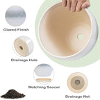 6 Inch Plant Pot - Ceramic Planters for Indoor Ourdoor Plants, Modern Succulent Pot, Round Planter with Drainage Hole and Saucer, Room Office Garden Home Decor, Plant Lover Gifts, White-Grey