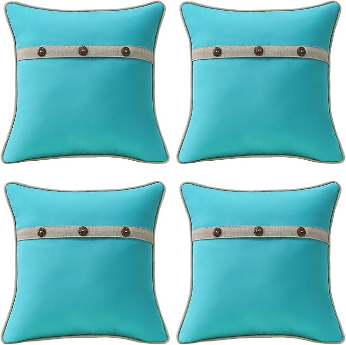Outdoor Sunbrella Decorative Pillows with Triple Coconut Buttons Pack of 4, 18" x 18" Outdoor Pillow Set for Couch Bed Throw Patio Sofa, Canvas Aruba/Cast Ash