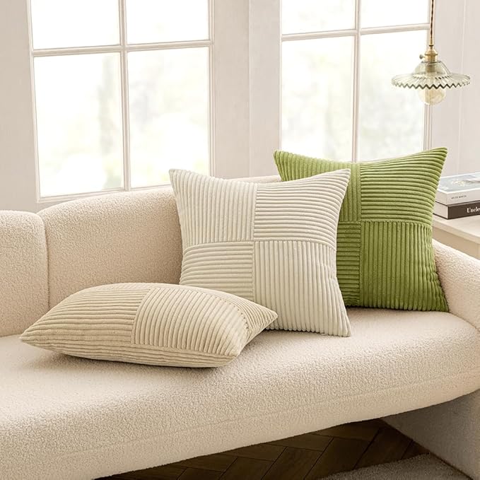MIULEE Green Corduroy Pillow Covers Pack of 2 Boho Decorative Spliced Throw Pillow Covers Soft Solid Couch Pillowcases Cross Patchwork Textured Cushion Covers for Living Room Bed Sofa 20x20 inch