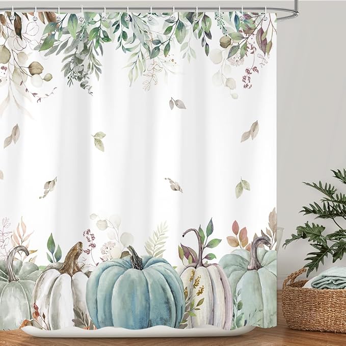 Fall Shower Curtain, Autumn Blue Green Pumpkin Leaves Harvest Thanksgiving Shower Curtains Decor Set, Polyester Fabric Bathroom Accessories Set with Hooks 72X72IN