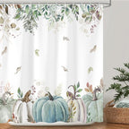 Fall Shower Curtain, Autumn Blue Green Pumpkin Leaves Harvest Thanksgiving Shower Curtains Decor Set, Polyester Fabric Bathroom Accessories Set with Hooks 72X72IN