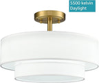 DAYCENT Modern Gold Semi Flush Mount Ceiling Light with Drum Shade 3000K/4500K/5500K LED Flush Mount Drum Lamp Brass Ceiling Light Fixtures for Hallway Bedroom Kitchen Living Room, 30W