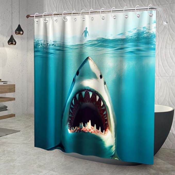 Funny Shark Beach Nautical Underwater Theme Bathroom Bathtubs Fabric Shower Curtain Ocean Animal Shower Curtain Set with 12 Hooks 72x72 inch Polyester Machine Washable, Blue and White