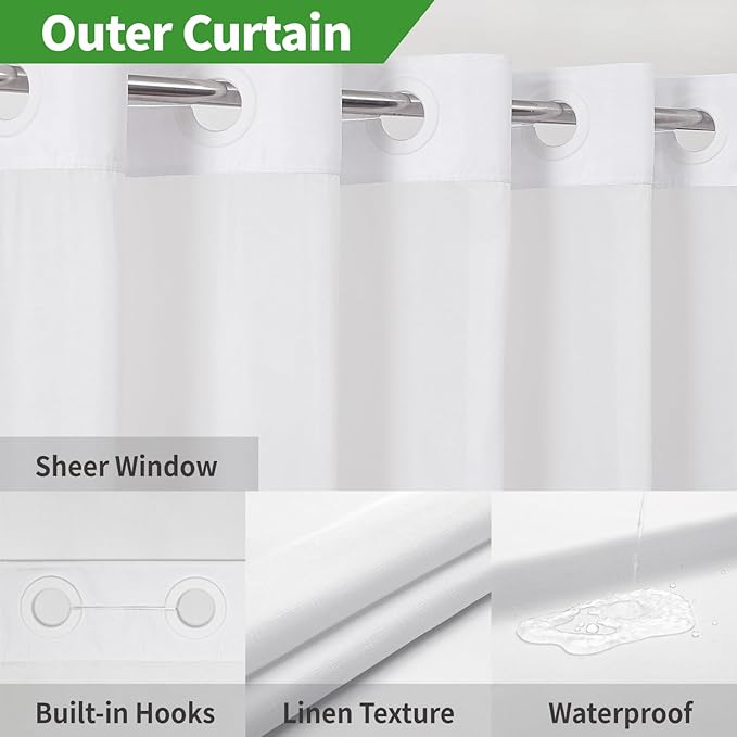 Stall No Hooks Needed Linen Textured Shower Curtain with Snap-in Fabric Liner Set,Hotel Luxury Decor Shower Curtains for Bathroom,Waterproof & Washable,60Wx74H,White