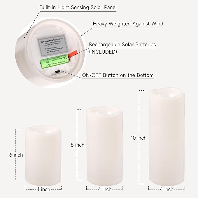 NURADA Large Outdoor Solar Candles Waterproof - 6" 8" 10" x 4" Rechargeable Solar Powered Flameless LED Pillar Flickering Candle for Patio Porch Lanterns Decor - Ivory White Set of 3
