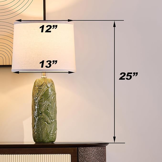 Table Lamps Set of 2, 25 inch Modern Green Ceramic with Leaf Embossed Base and White Linen Shade, Farmhouse & Modern Bedside Lamp for Bedroom, Living Room, Office