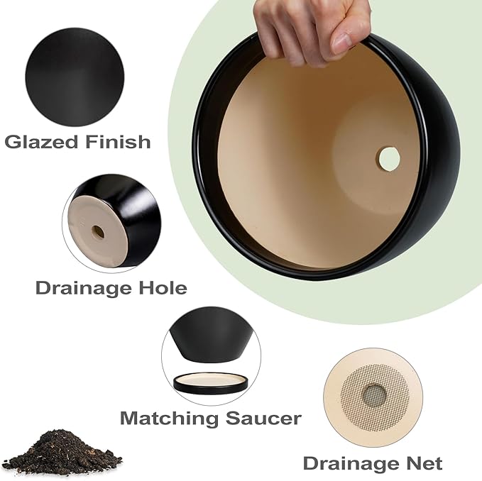 Ceramic Plant Pots - 10+8+6 Inch Modern Round Planters for Indoor Outdoor with Drainage Holes and Plant Saucers, Room Patio House Office Decor, Gardening Gifts for Women Men, Set of 3, Black