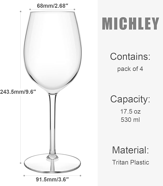 MICHLEY Floating Wine Glasses for Pool 17.5 OZ Unbreakable Tritan Plastic Red Wine Glasses with Stem Ideal for Beach Bar Camping Dishwasher Safe, Set of 4