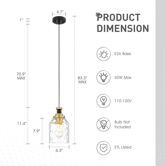 zeyu Large Pendant Lights Kitchen Island, Modern Hanging Lamp for Bedroom Living Room, Water Ripple Glass Shade, Black and Gold Finish, ZG33M1L-L BK+BG-WG