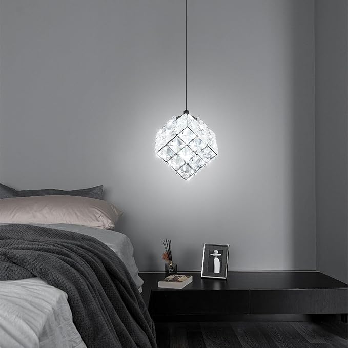 1-Light Modern Black Pendant Light Fixtures for Kitchen Island Small Hanging Crystal Chandelier for Bedroom Entryway Living Room Foyer Hallway LED Dimmable Chandeliers for Dining Room