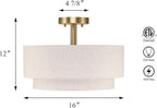 XiNBEi Lighting 16inch Semi Flush Mount Ceiling Light, 3-Light Brass Double Drum Light Fixture with Linen Shade Close to Ceiling Lamp for Bedroom Living Room Kitchen XB-SF1289-BS