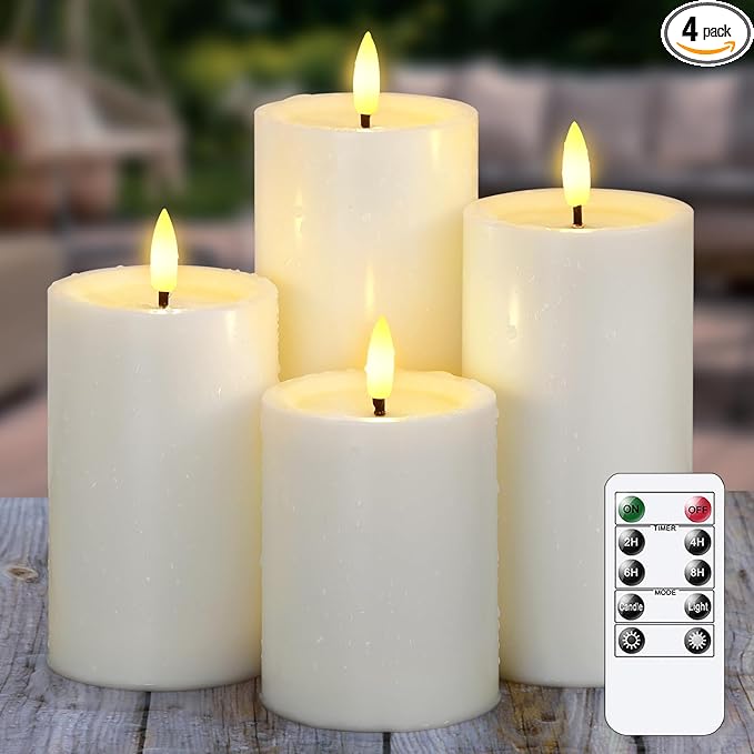 Waterproof Flickering Auto Timer Ivory Plastic Flameless Candles with Candle Grease, 3" x4" 5" 6" 7" Outdoor LED Long Lasting Battery Operated Remote Control Pillar Candles, Pack of 4