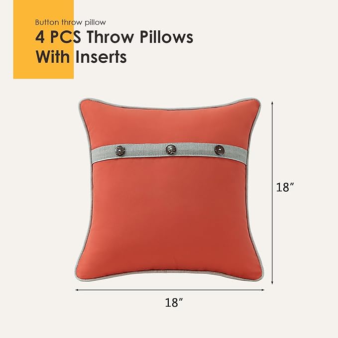 Outdoor Sunbrella Decorative Pillows with Triple Coconut Buttons Pack of 4, 18" x 18" Outdoor Pillow Set for Couch Bed Throw Patio Sofa, Canvas Melon/Cast Ash