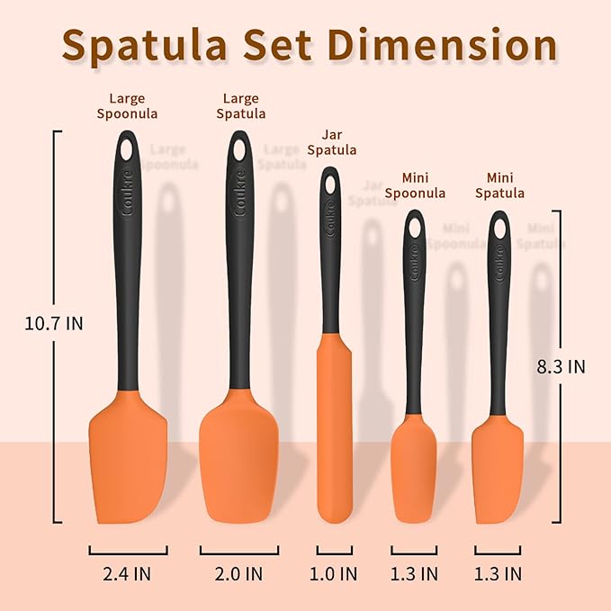 Coukre Silicone Spatula Set of 5,High Temperature Resistant, Food Grade Silicone, Dishwasher Safe, for Baking, Cooking (Orange)