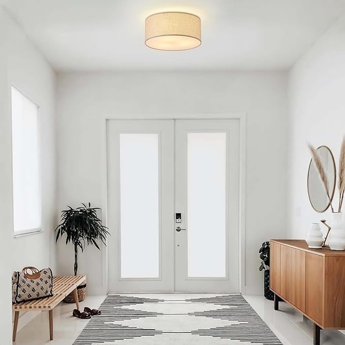 12.6" Modern Close to Ceiling Light with Linen Fabric Drum Shade,3-Light Semi Flush Mount Ceiling Light Fixture,Drum Light Fixtures Ceiling Mount for Kitchen, Bedroom, Bathroom, Living Room, Hallway