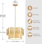 Shrine Lighting Chandeliers, Modern Design, Perfect Drum Pendant Light for Dining Room, D17.3'' × H9.4'', Adjustable 35'', 4 x E12 Sockets, Two Cloth Gold Lampshades & Gold Frame Finish