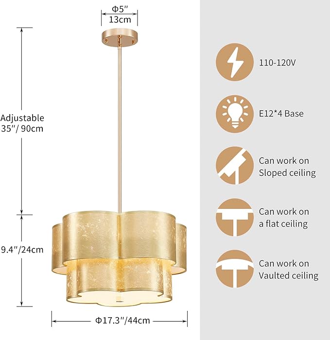 Shrine Lighting Chandeliers, Modern Design, Perfect Drum Pendant Light for Dining Room, D17.3'' × H9.4'', Adjustable 35'', 4 x E12 Sockets, Two Cloth Gold Lampshades & Gold Frame Finish