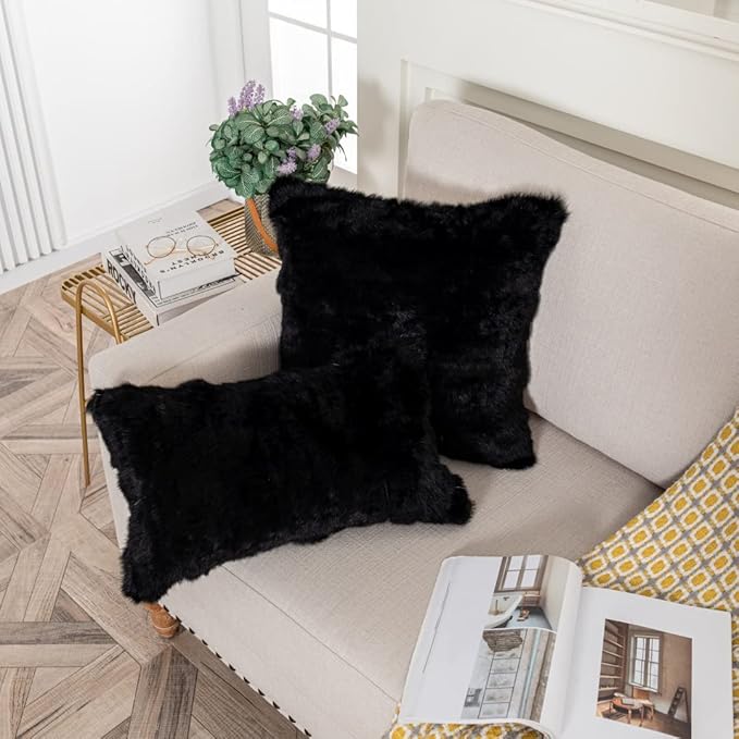 Rabbit Skin Fur Luxury Pillowcases Cushion Cover Soft Throw Cases for Living Rooms Home Living Room Decorative Rabbit Hide Cushion Cover Throw Pillow Covers Case (Black) 16in×16in