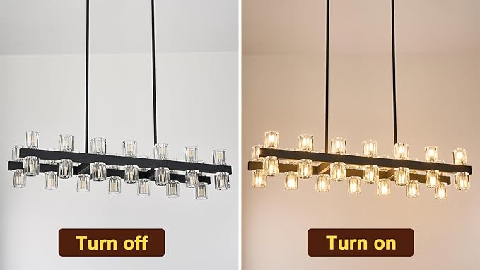 Black Linear Chandelier, 39 Inch 28-Lights Modern Kitchen Island Dining Room Over Table Light Fixture, Industrial Farmhouse Large Pendant Lighting with Crystal Shade