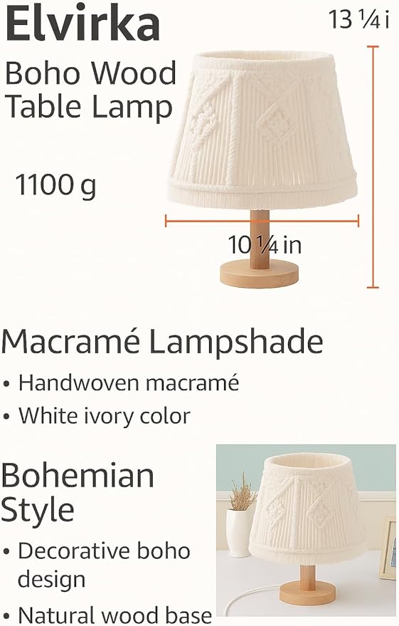 Boho Macrame Table Lamp – Handmade Bedside Light with Wooden Base, White Ivory Boho Decor for Bedroom, Living Room, Nursery – E26/E27 Compatible Nightstand Lamp – by Elvirka