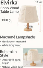 Boho Macrame Table Lamp – Handmade Bedside Light with Wooden Base, White Ivory Boho Decor for Bedroom, Living Room, Nursery – E26/E27 Compatible Nightstand Lamp – by Elvirka