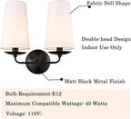 2-Light Black Wall Sconce Industrial Wall Lamp Hardwired Double Head Classic Sconce with Fabric Shade for Bedroom Hallway Powder Room