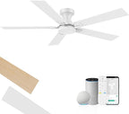 cumilo 52 inch Smart Low Profile Ceiling Fan with Lights Remote,Quite DC Motor,WIFI Voice Control via Alexa,Flush Mount Outdoor Indoor for Bedroom Living Room Patio Porch,5 Blades in White&Light Wood
