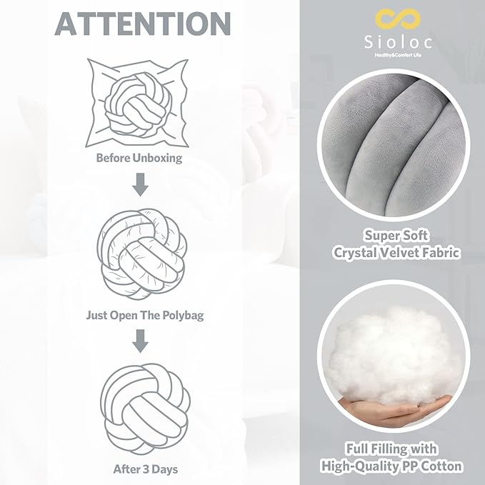 Sioloc Soft Knot Ball Pillows,Round Throw Pillow Cushion Home Decoration Plush Pillow,Throw Knotted Pillow Handmade Round Plush Pillow（13.7inches,Grey）