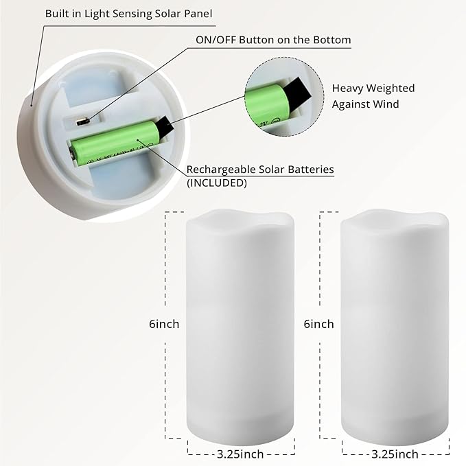 NURADA Large Outdoor Solar Powered Candles - Flameless Pillar Waterproof Rechargeable Candle Set, White Resin, LED Light, Rechargeable Solar Battery Included, Waterproof for Patio Decor 3.25" x 6"