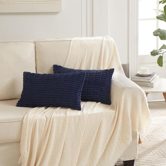 Fancy Homi Navy Blue Lumbar Decorative Throw Pillow Covers 12x20 Inch for Living Room Couch Bedroom, Soft Corduroy Rectangle Solid Cushion Case 30x50 cm, Rustic Farmhouse Boho Home Decor
