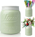 Comfify Wide Mouth Mason Jar Utensil Holder Decorative Kitchenware Organizer Crock, Dishwasher Safe - Kitchen Caddy Green, Large Size 7" Hight