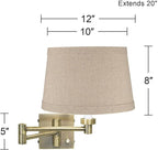 Barnes and Ivy Modern Indoor Swing Arm Wall Lamp with Cord Cover Antique Brass Plug-in Light Fixture Natural Linen Drum Shade for Bedroom Bedside House Reading Living Room Home Hallway Dining