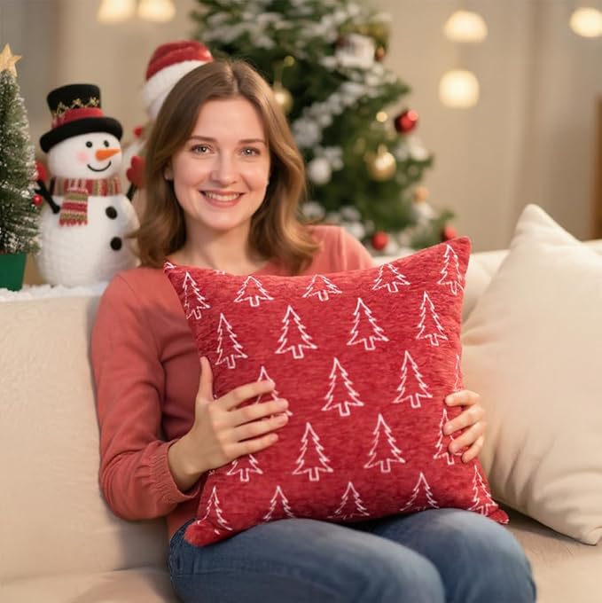 Christmas Chenille Pillow Covers 20x20 Set of 2, Reversible Snowflake & Tree Design, Cozy Farmhouse Holiday Throw Pillowcases with Hidden Zipper for Sofa, Couch and Bed(Red,20x20)