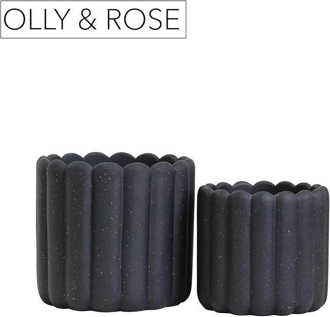 Olly & Rose iOS Vertical Striped Ribbed Plant Pot - Charcoal Speckled Ceramic Planters - 6.6 + 5 Inch Indoor and Outdoor Flower Pots Home Decor (Black Ribbed)