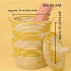 Yellow White Decorative Wicker Basket Set, 3pcs - Organize Bedroom, Living Room, Nursery - Laundry Hamper, Toy Bin, Blanket Storage - Decorative, Boho Style - Wicker, Woven, Lid, Handles