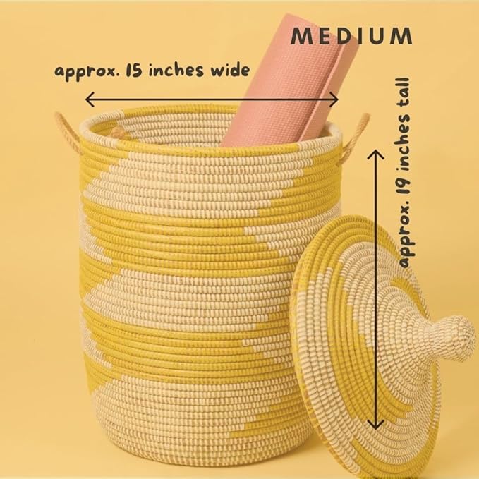 Yellow White Decorative Wicker Basket Set, 3pcs - Organize Bedroom, Living Room, Nursery - Laundry Hamper, Toy Bin, Blanket Storage - Decorative, Boho Style - Wicker, Woven, Lid, Handles
