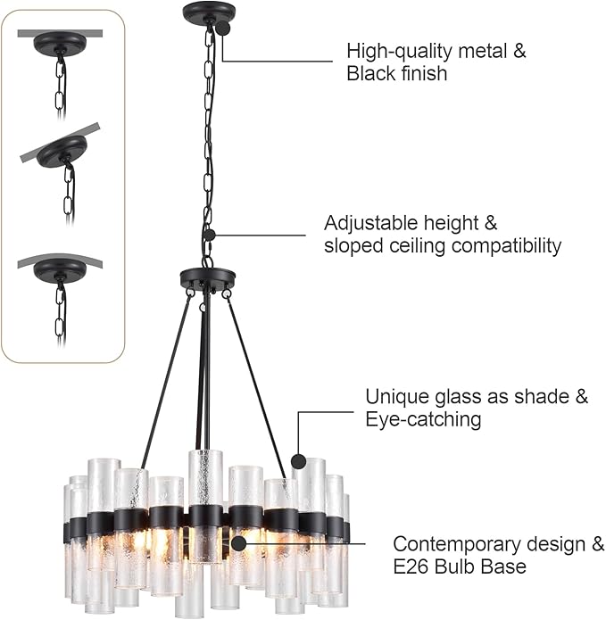Dia 24 Inch Black Modern Chandelier for Dining Room, Glass Chandeliers for Bedroom, 4-Light Rustic Chandeliers, Large Pendant Light for Living Room Foyer Entryway